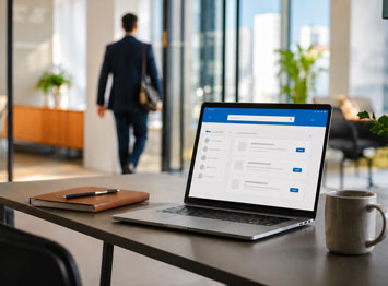 Laptop con piattaforma di recruiting aperta in ufficio moderno mentre un candidato si allontana