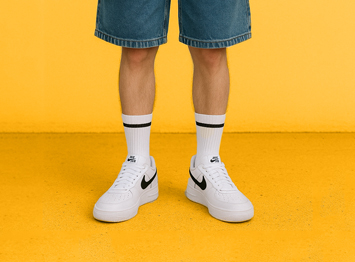 gambe di un ragazzo, viste di fronte. Il ragazzo indossa dei jeans larghi al ginocchio e dei calzini bianchi alti sopra la cavoglia. concetto di gen z