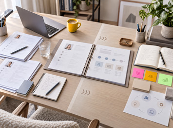 Recruiting e formazione PMI: Scrivania con CV, laptop e materiali di onboarding e formazione, metafora del processo integrato di recruiting e sviluppo delle competenze nelle PMI.