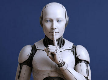 Robot umanoide con espressione neutra che porta un dito alle labbra in segno di silenzio, su sfondo blu, simbolo della shadow AI